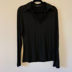 Black V Neck Collared Shrirt, Long Sleeve